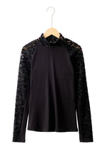 Smoke Gray Floral Lace Patchwork Long Sleeve High Neck Slim Top