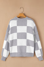 Dark Brown Plaid Bishop Sleeve Pullover Sweater