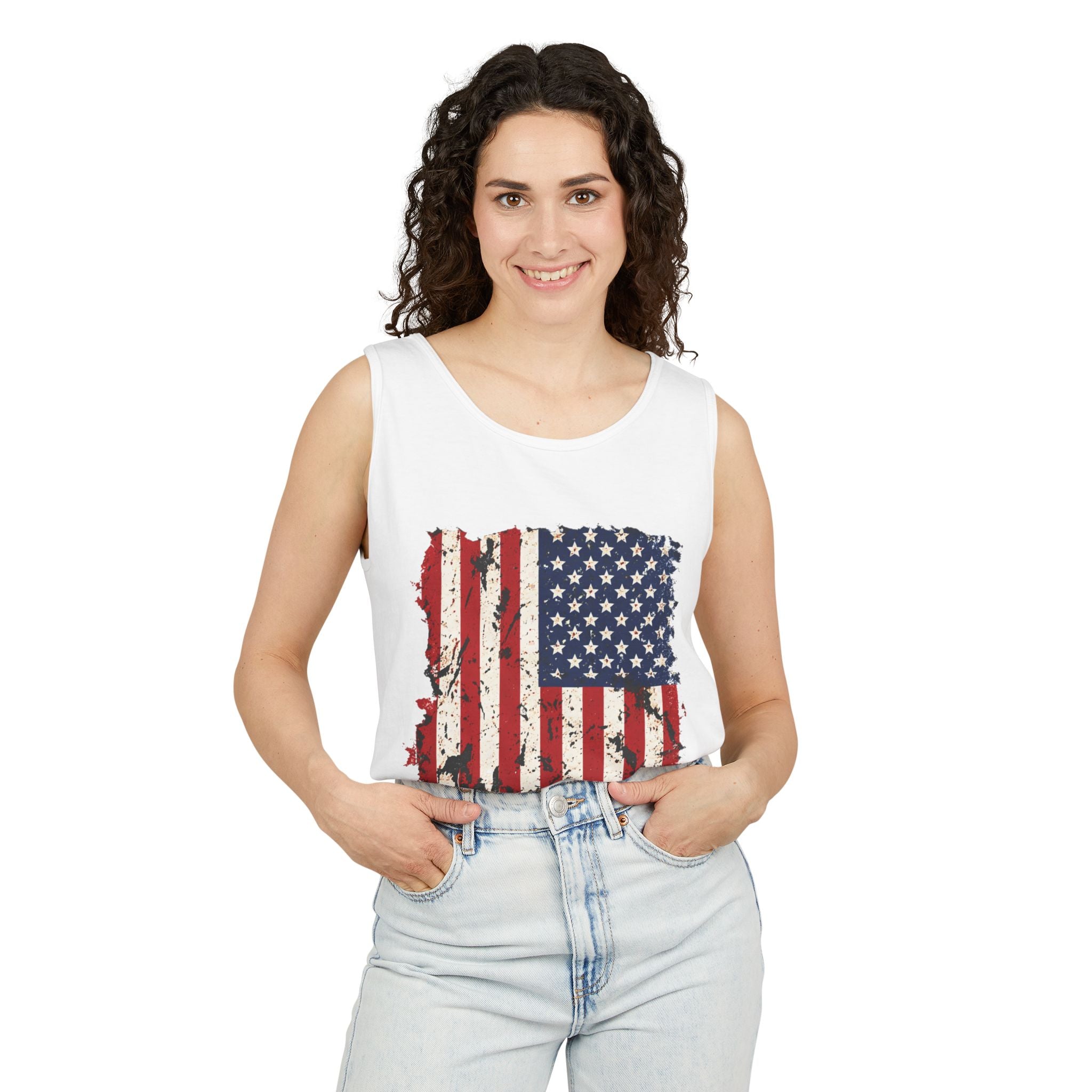 Distressed American Flag Tank Top  Patriotic USA Sleeveless Shirt for 4th of July Summer and Everyday Wear