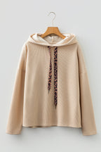 Dark Khaki Thermal Textured Leopard Drawstring Baggy Hoodie