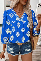 Green Damask Floral Print Contrast V Neck 3/4 Sleeve Blouse