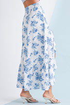 Black Boho Floral High Waist Ruffle Split Maxi Skirt