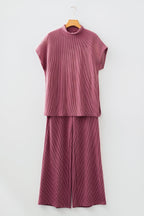 Dark Grey Twisted Ribbed High Neck Loose Tee Elastic High Waist Loose Pant Set