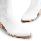 Dream Pairs Womens Size 9.5 White Faux Leather 3" Chunky Heel Cowboy Boot Shoes