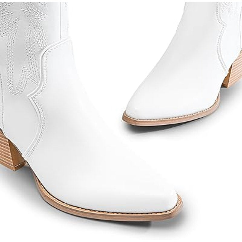 Dream Pairs Womens Size 9.5 White Faux Leather 3" Chunky Heel Cowboy Boot Shoes