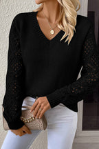 Black Solid V Neck Pointelle Knit Sleeve Patchwork Sweater