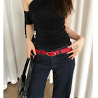 Fashion Lychee Pattern Belt Women's Oval Buckle Red High-grade All-matching