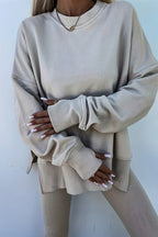 Jet Stream Solid Color Oversize Slit Sweatshirt Ribbed Leggings Set