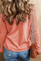 Fresh Salmon Floral Patched V Neck Long Sleeve Top