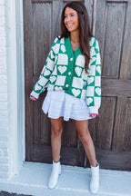 Sea Green Plaid Heart Knit V Neck Button Down Sweater Cardigan