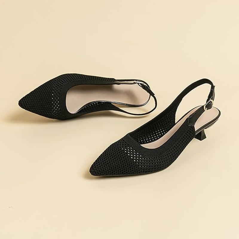 New Youngshow Womens 5 Black Mesh Pointy Toe 1.5" Kitten Heel Slingback Shoes