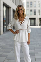 Women's V-Neck Hollow-Out Fringe Cotton-Linen Top