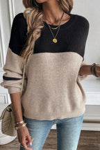 Dark Brown Color Block Knit Striped Sleeve Detail Casual Sweater