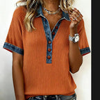 Euro-American Denim-Trimmed Loose T-Shirt for Women