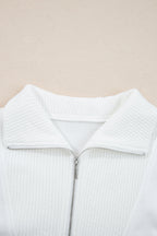 White Ribbed Collar Drop Shoulder Sweatshirt and Shorts Set