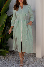 Black Stripe V Neck Zip Front Cinched High Waist Midi Dress