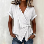 Women's Casual Lapel Collar Lace-Up Short-Sleeve Linen Top