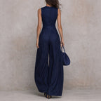 Women's Sleeveless Striped Wide-Leg Jumpsuit with Pockets