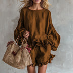 Women's Lantern Sleeve Top & Shorts Two-Piece Set – Loose Fit
