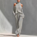 Women's Long-Sleeve Turtleneck Top & Pants Set – Elegant 2-Piece