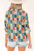Sky Blue Floral Collared V Neck Roll up Sleeve Shift Blouse