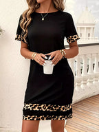 Full Size Leopard Trim Round Neck Mini Dress Plus Size
