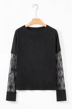 Light Pink Solid Color Bow Textured Patchwork Long Sleeve Tee