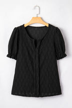 Beau Blue Solid Color Textured Notched Neck Puff Sleeve Blouse