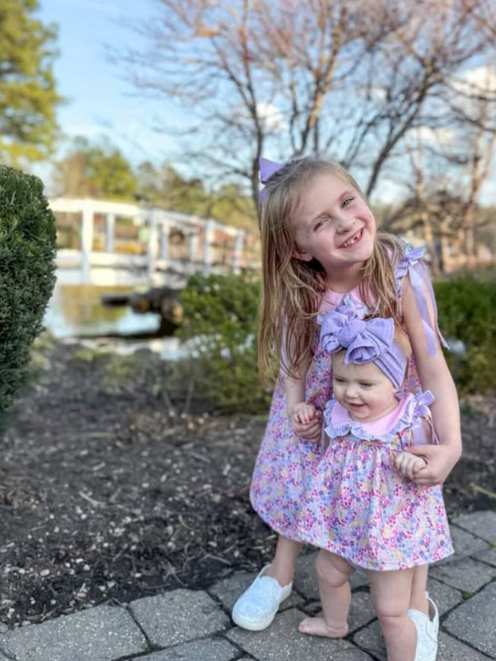 Spring Purple Floral Bow Ruffle Girl Bloomer Set