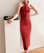 Women's Slim Fit Slim Pack Hip Cross Halter Over Knee Knit Dress