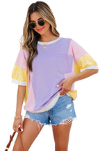 Purple Color Block Patchwork Half Sleeve Oversized T Shirt