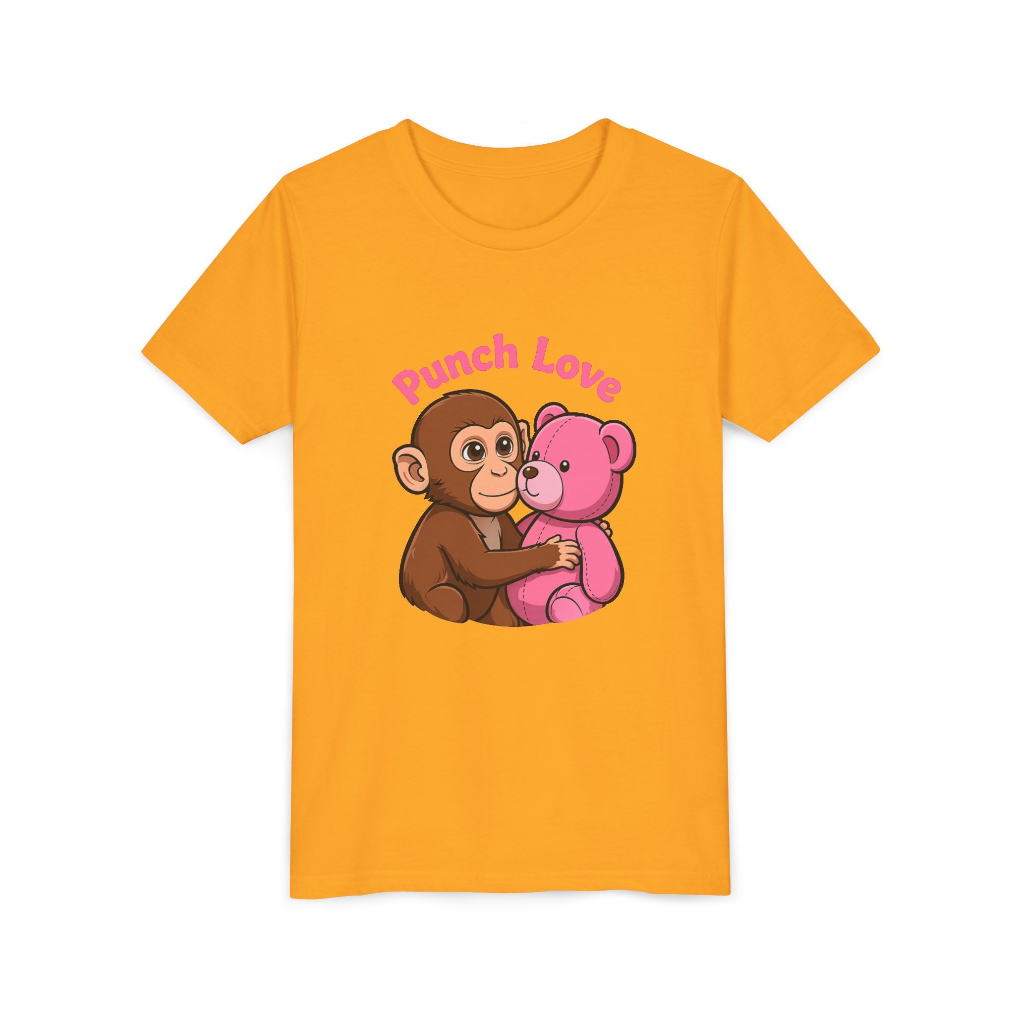 Youth Tee — "Punch Love" Monkey Hugging Pink Teddy Cute Kids Valentine Shirt