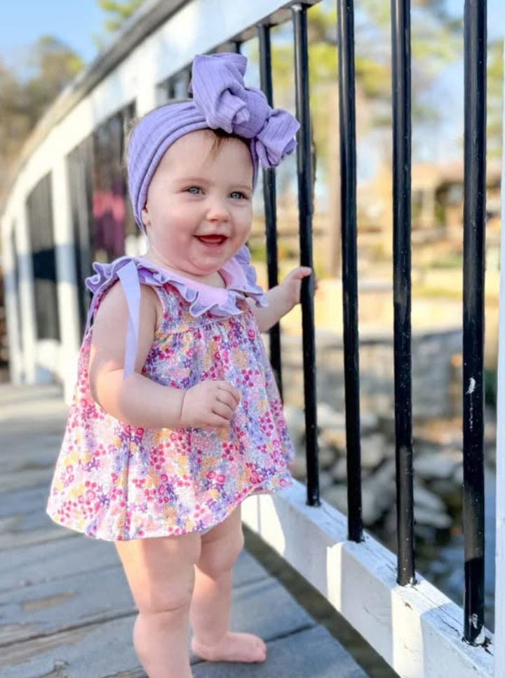 Spring Purple Floral Bow Ruffle Girl Bloomer Set
