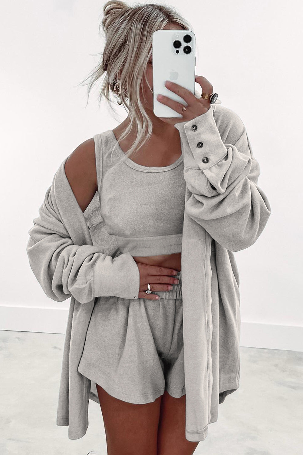 Gray Shirred Hem Crop Tank Top Loose Shorts Cardigan 3 Piece Pajama Set