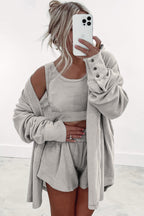 Gray Shirred Hem Crop Tank Top Loose Shorts Cardigan 3 Piece Pajama Set
