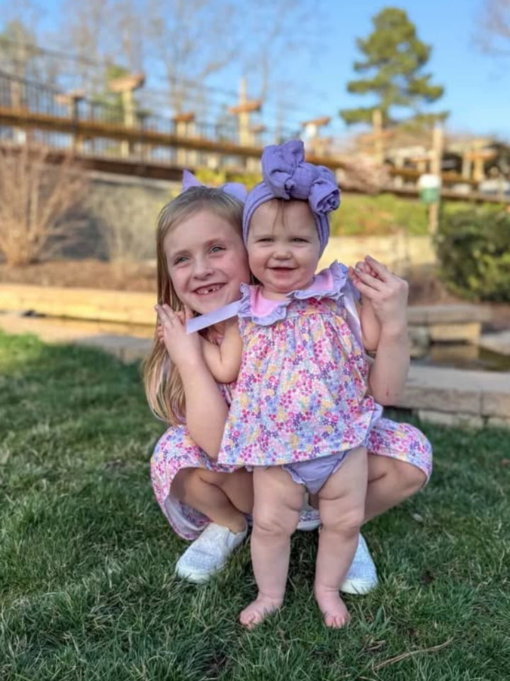 Spring Purple Floral Bow Ruffle Girl Bloomer Set