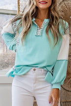 Rose Red Corded Texture Plaid Patchwork Split Neck Long Sleeve Top