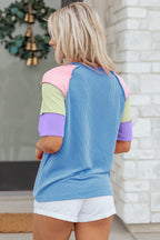 Bright Pink Twisted Ribbed Color Block Patchwork Henley Short Sleeve T Shirt