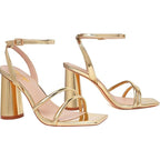 Ribongz Womens Size 8 Shiny Gold Open Toe Ankle Strap 4" Block Heel Sandal Shoes