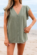 Laurel Green Flutter Sleeve Lace V Neck Shirt