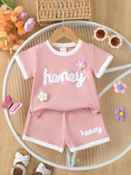 Children's Honey Flower Waffle Knit Tee and Shorts Set