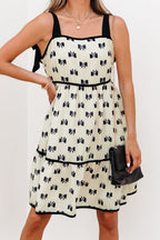 White Bow Knot Color Contrast Trim Knotted Shoulder Mini Dress