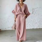 Women's Loose-Fit V-Neck Top & Wide-Leg Pants Two-Piece Set