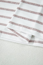 Khaki Stripe Color Block Trim Round Neck Short Sleeve Top