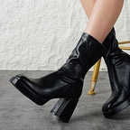 Putu Womens Size 7.5 Black Faux Leather 3.75" Platform Block Heel Pull On Boots