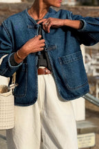 Sail Blue Vintage Fastening Big Patched Pockets Straight Cut Deep Wash Denim Jacket