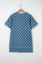 Sky Blue Frayed Hem Checkered Denim Mini Dress
