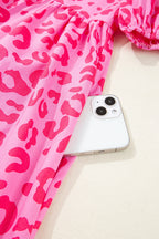 Rose Leopard Puff Sleeve Tie Front High Waist Mini Dress