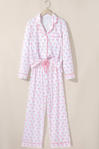 Sky Blue Bow Print Long Sleeve Shirt and Pants Soft Pajama Set