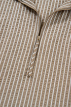 Khaki Stripe Zip up Collared Puff Sleeve Ruffled Plus Size Mini Dress